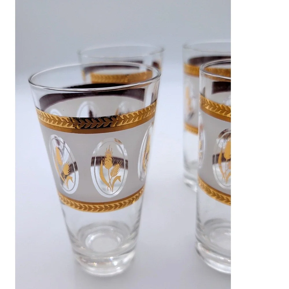 Vintage MCM Frosted Gold Wheat Highball Glasses Set of 6 Purple White Laurel